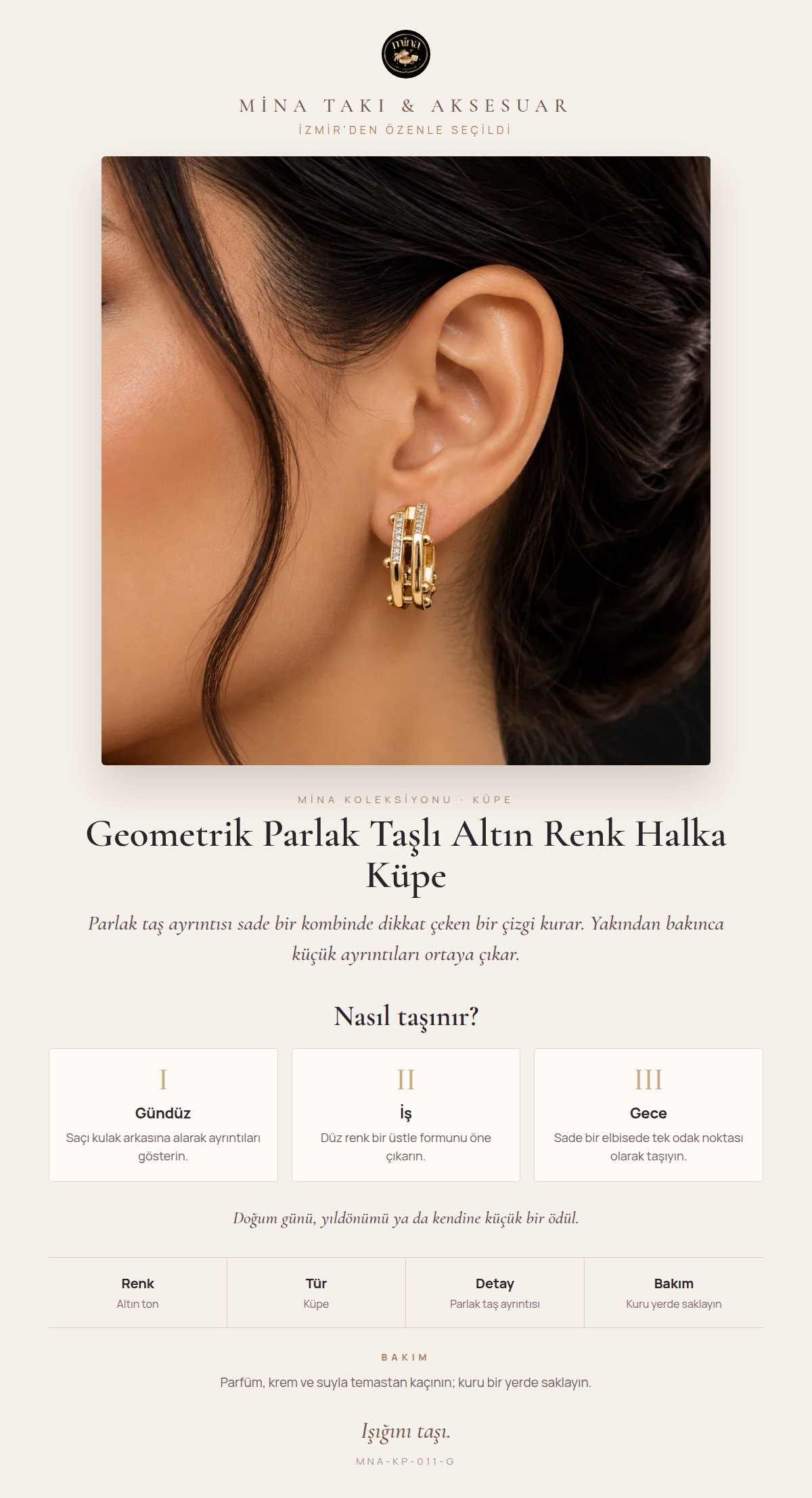 Stil hikâyesi: Geometrik Parlak Taşlı Altın Renk Halka Küpe
