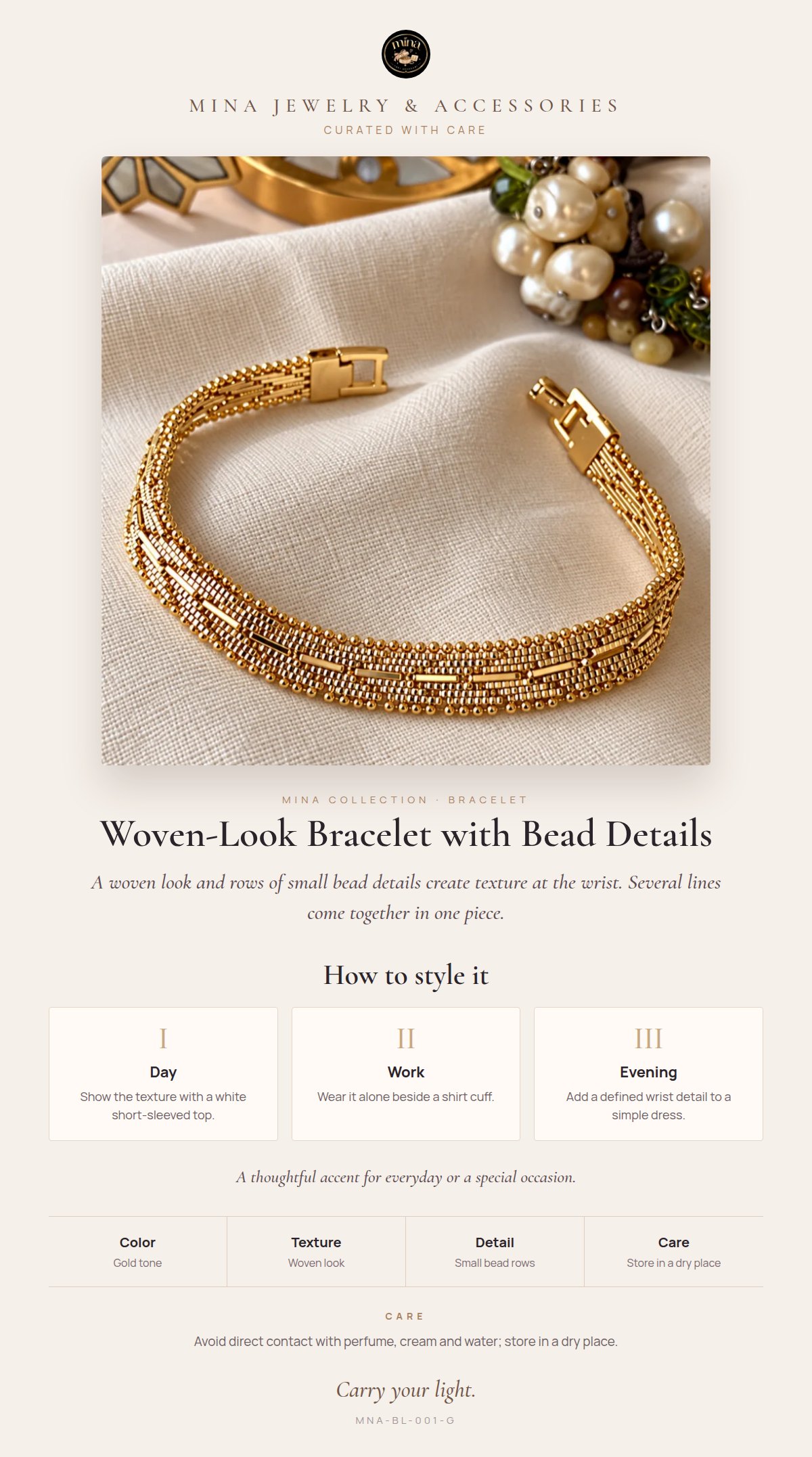 Style story: Woven Mesh Bracelet – Multi-Row Ball Detail, Gold Tone