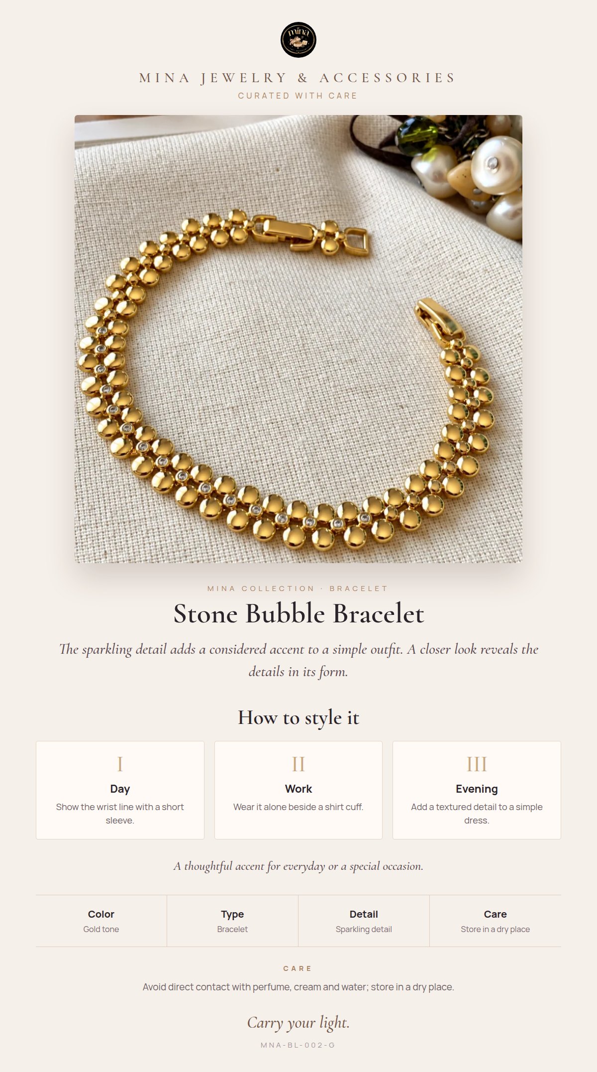 Style story: Stone Bubble Bracelet – Sparkling Stone Row, Gold Tone