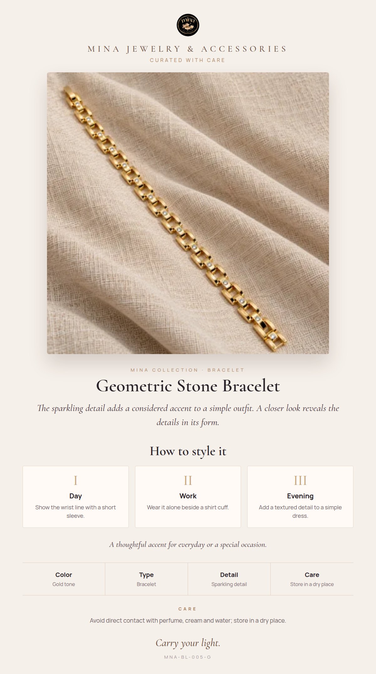 Style story: Geometric Stone Bracelet – Sparkling Stone in Every Link, Gold Tone, Adjustable