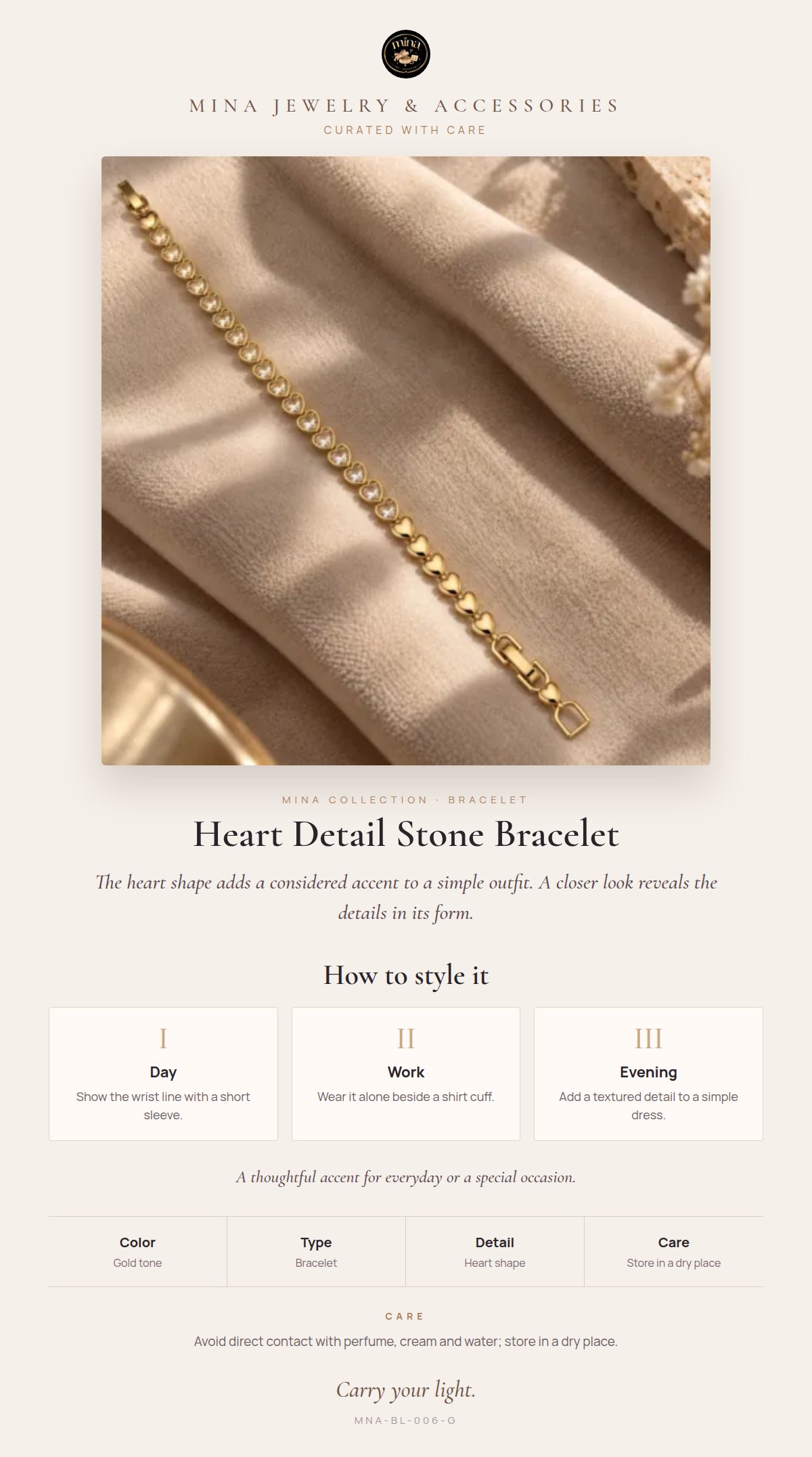 Style story: Heart Detail Stone Bracelet – Gold Tone 17+2 cm