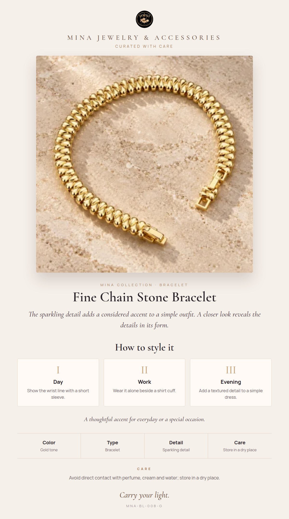 Style story: Fine Chain Stone Bracelet – Everyday Elegance, Gold Tone 17+2 cm