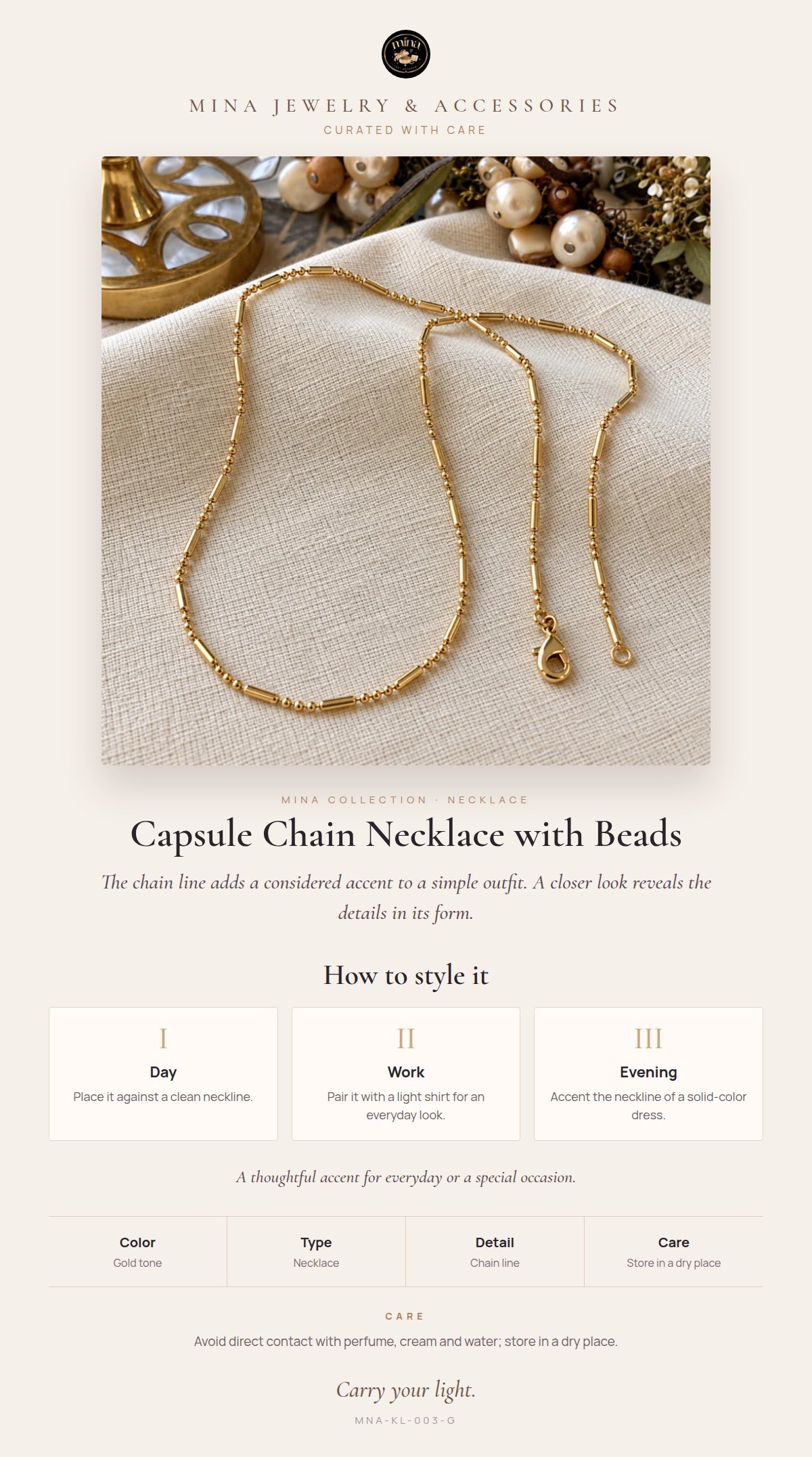 Style story: Capsule Chain Necklace with Beads – Layered Look, Gold Tone