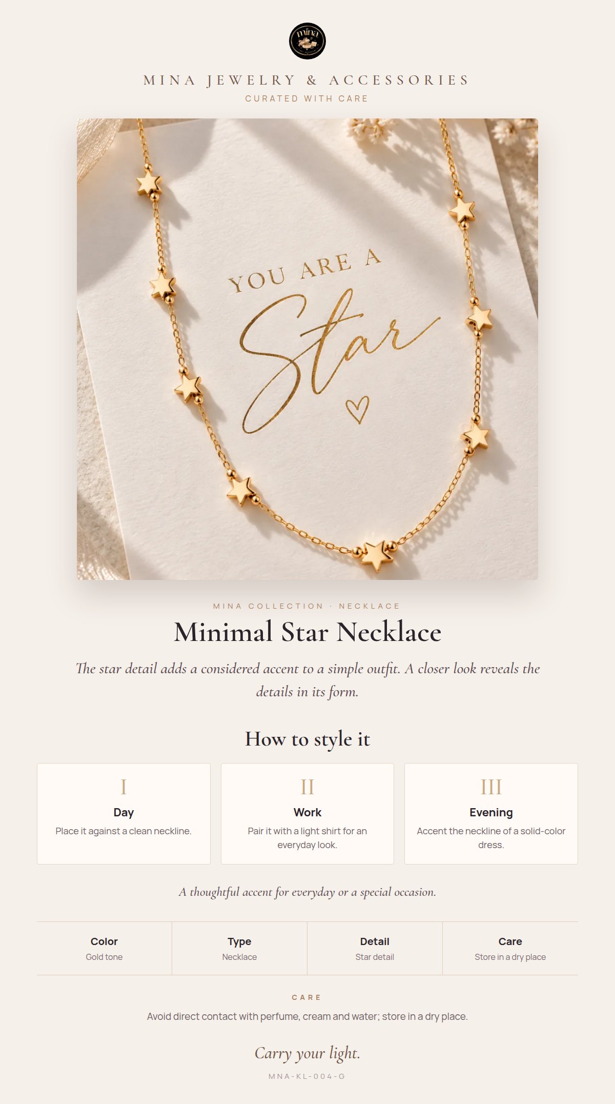 Style story: Minimal Star Necklace – Fine Chain with Stars, Gold Tone 45+5 cm