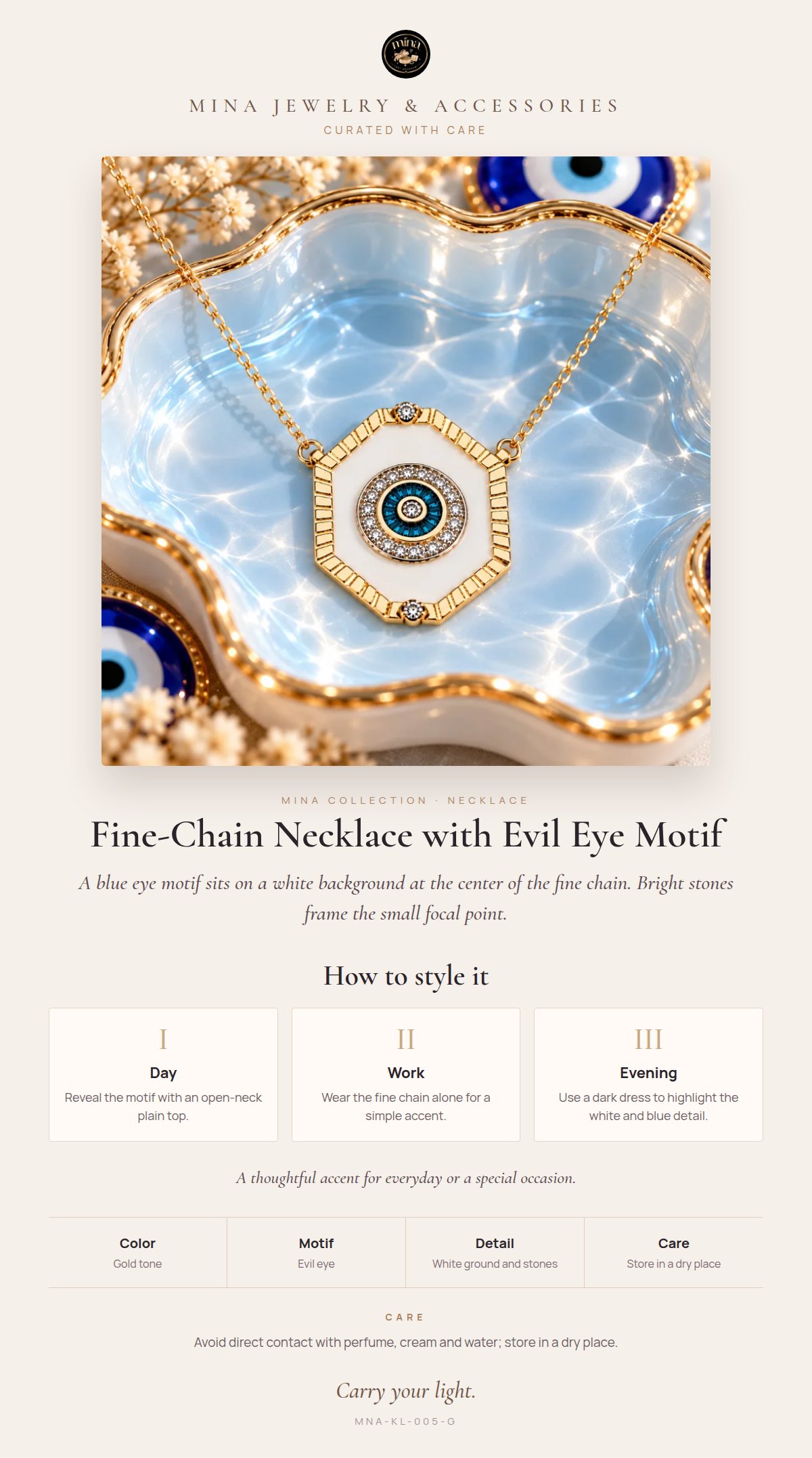 Style story: Evil Eye Necklace – White Enamel, Stone Frame, Gold Tone 45+5 cm