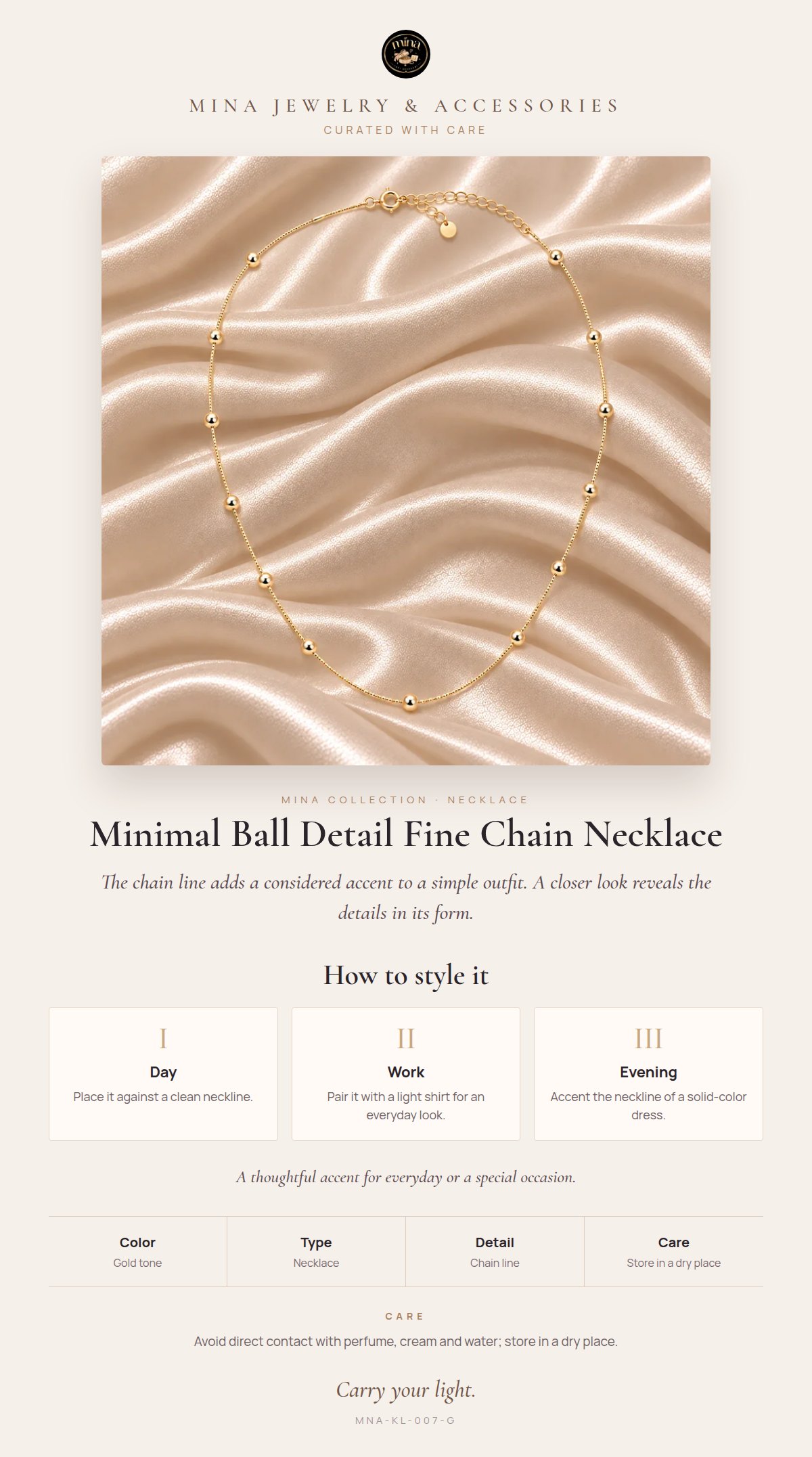 Style story: Minimal Ball Detail Fine Chain Necklace – Gold Tone