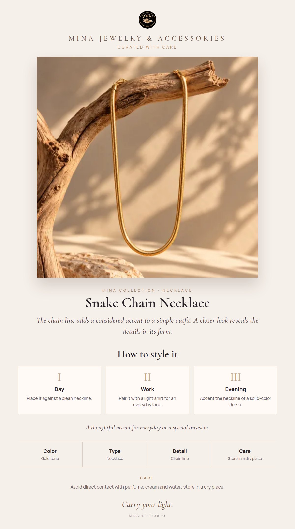 Style story: Snake Chain Necklace – Smooth Polished Surface, Gold Tone 45 cm