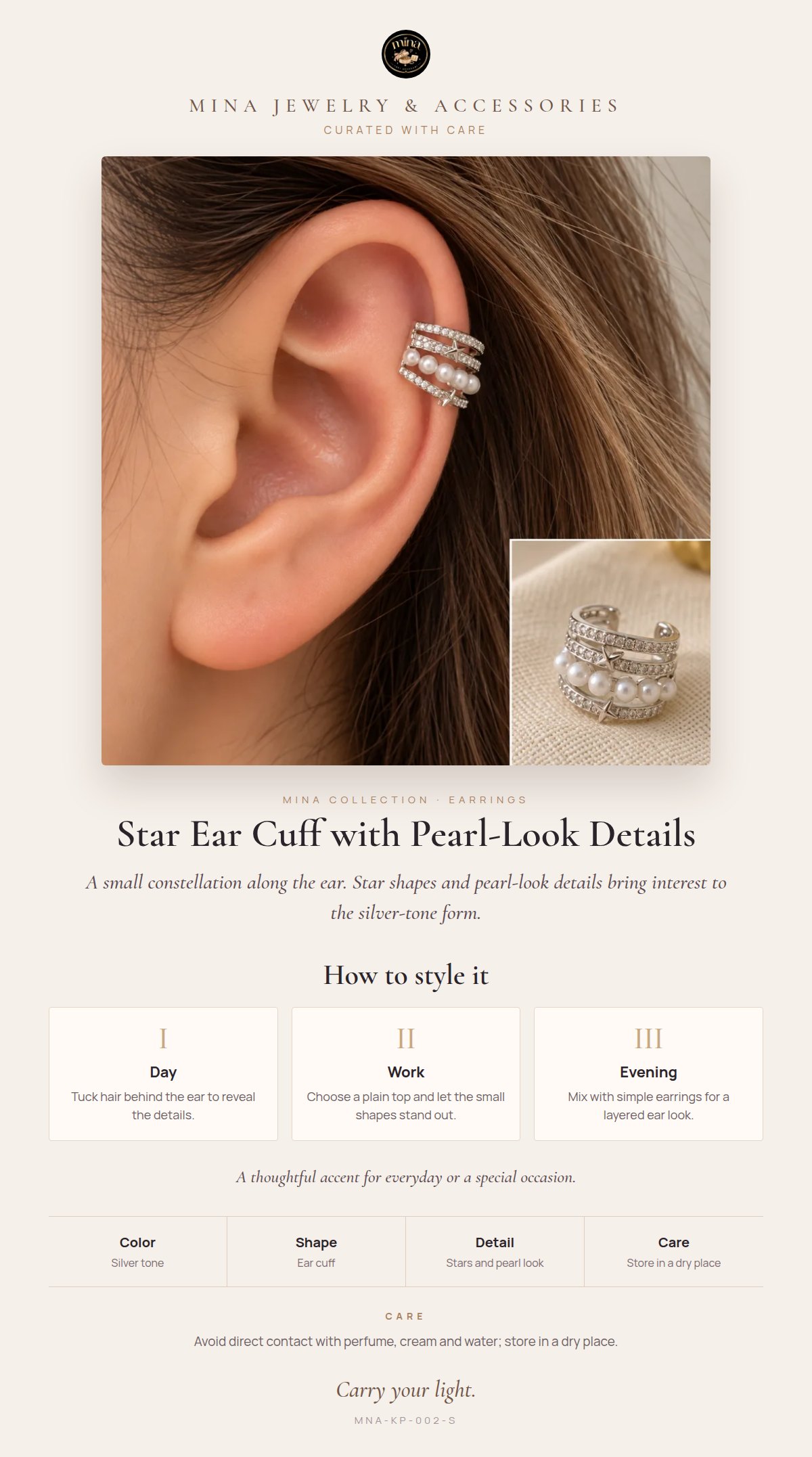 Style story: Pearl & Star Cartilage Ear Cuff – Silver Tone