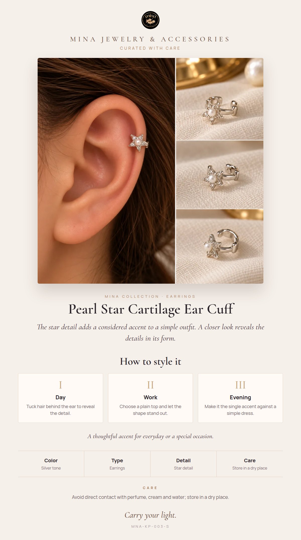 Style story: Pearl Star Cartilage Ear Cuff – Silver Tone