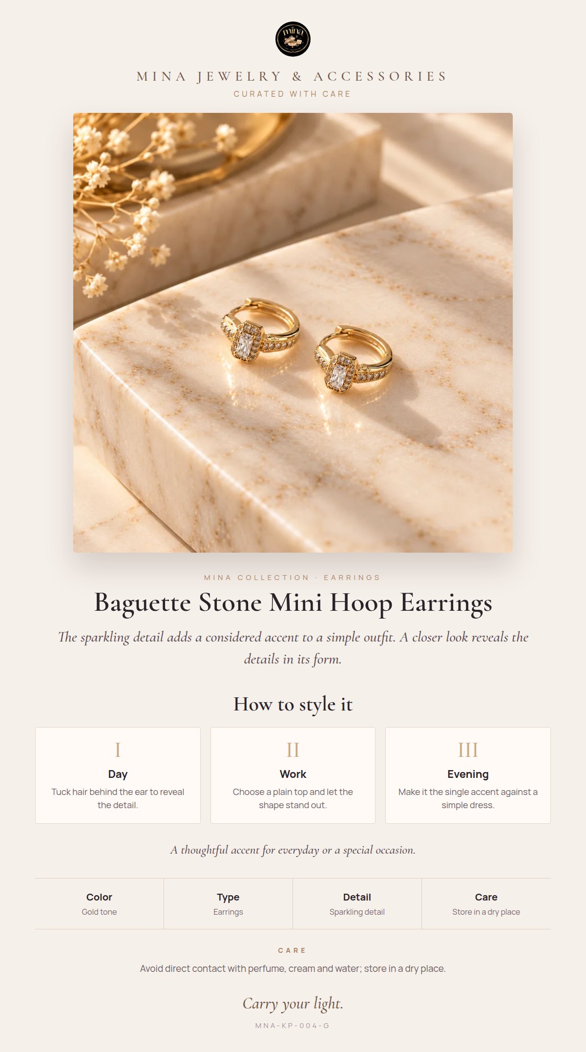 Style story: Baguette Stone Mini Hoop Earrings – Gold Tone