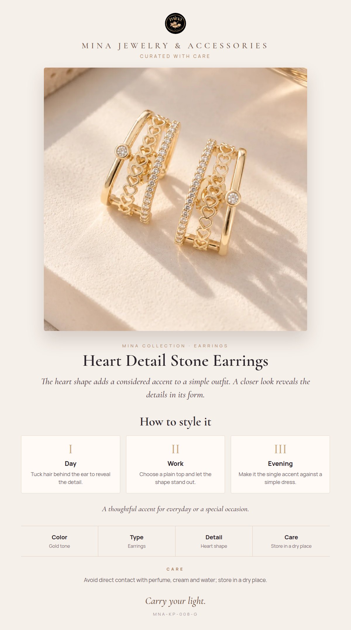 Style story: Heart Detail Stone Earrings – Light Gold Tone