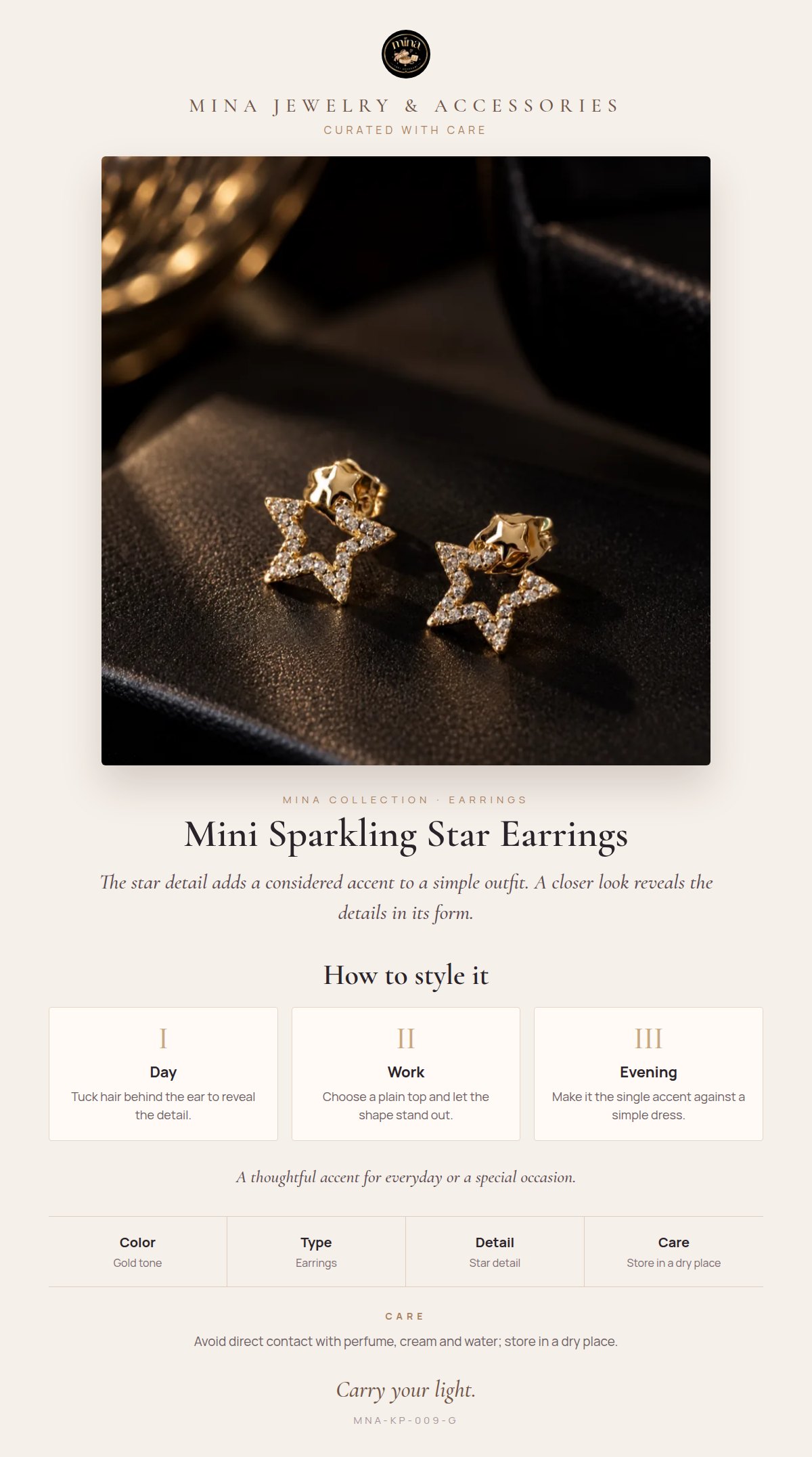 Style story: Mini Sparkling Star Earrings – Minimal, Gold Tone