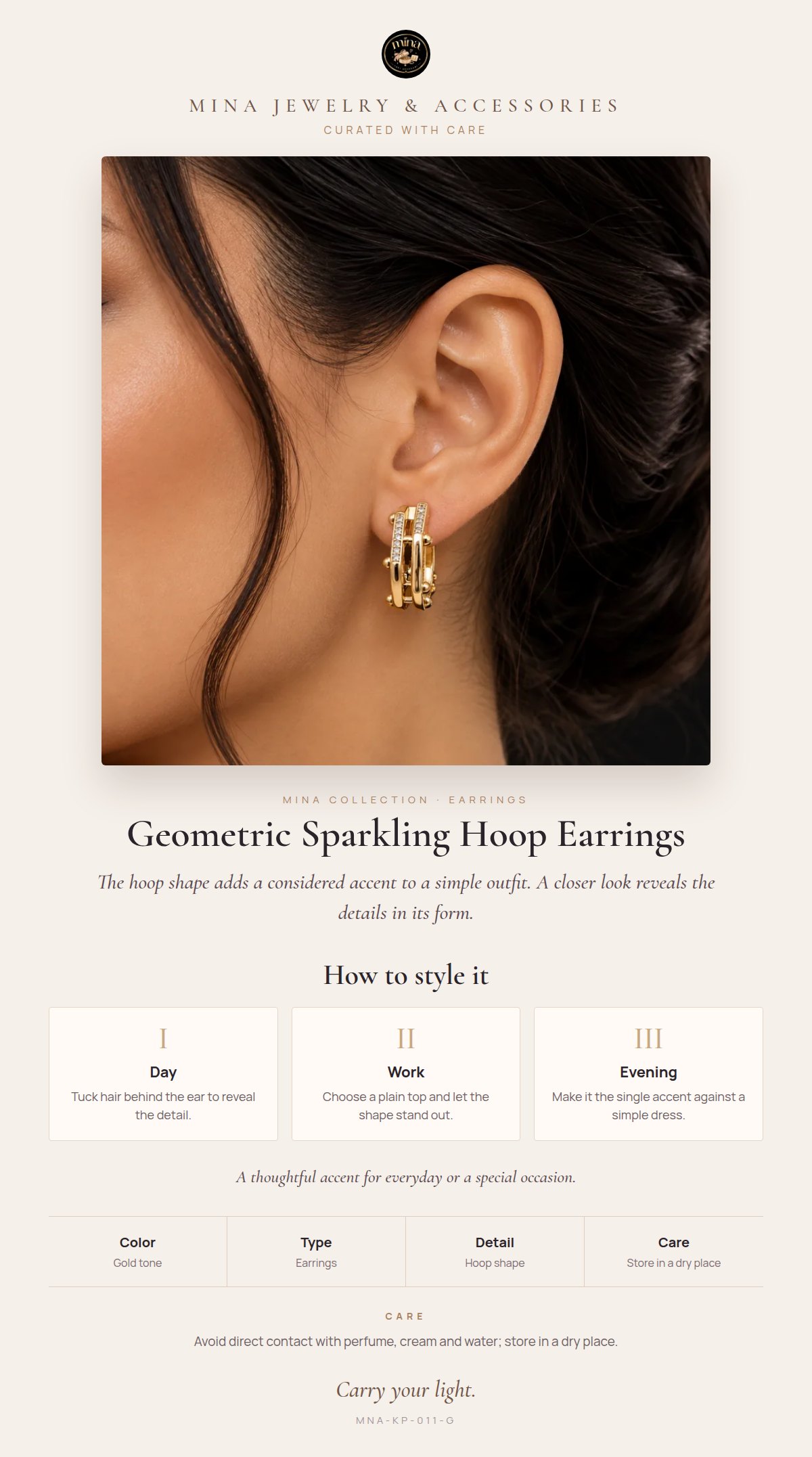 Style story: Geometric Sparkling Stone Hoop Earrings – Gold Tone