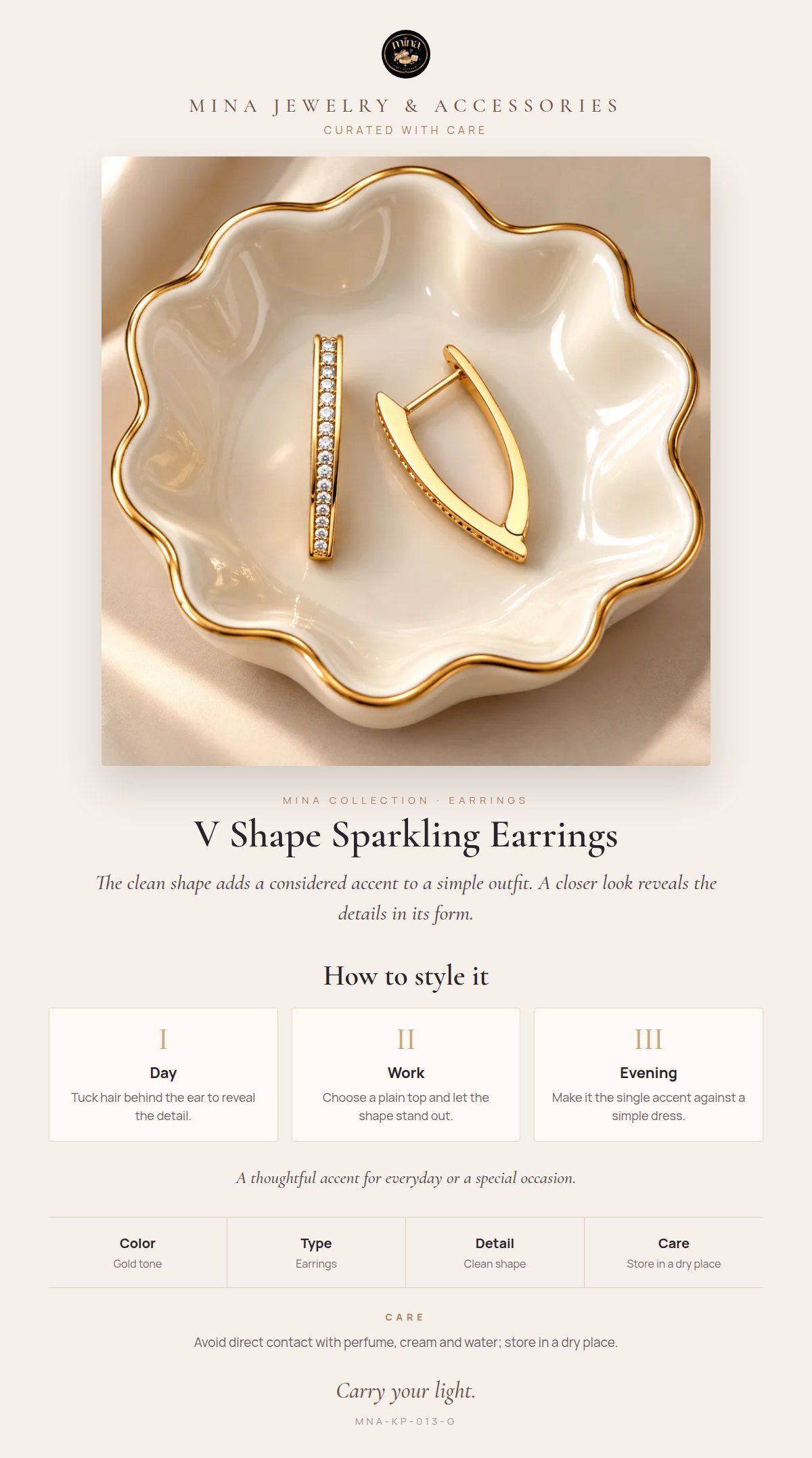 Style story: V Shape Sparkling Stone Earrings – Modern Line, Gold Tone