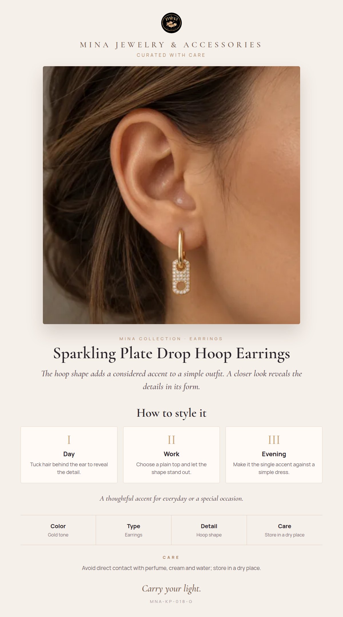 Style story: Sparkling Stone Plate Drop Hoop Earrings – Gold Tone