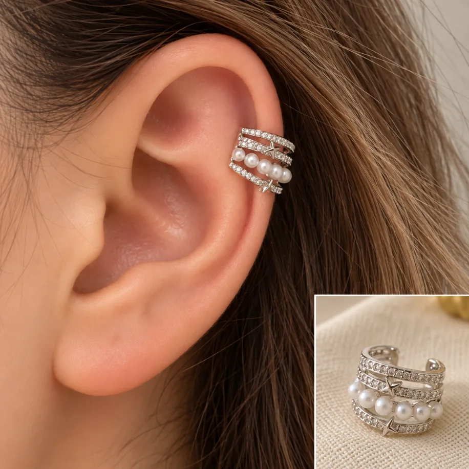 Silver Taşlı İncili Kaburga Kıkırdak Küpe